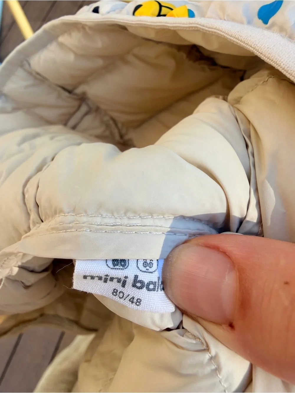Baby Puffer One-Piece Snowsuit in Cream with Blue & Yellow Print